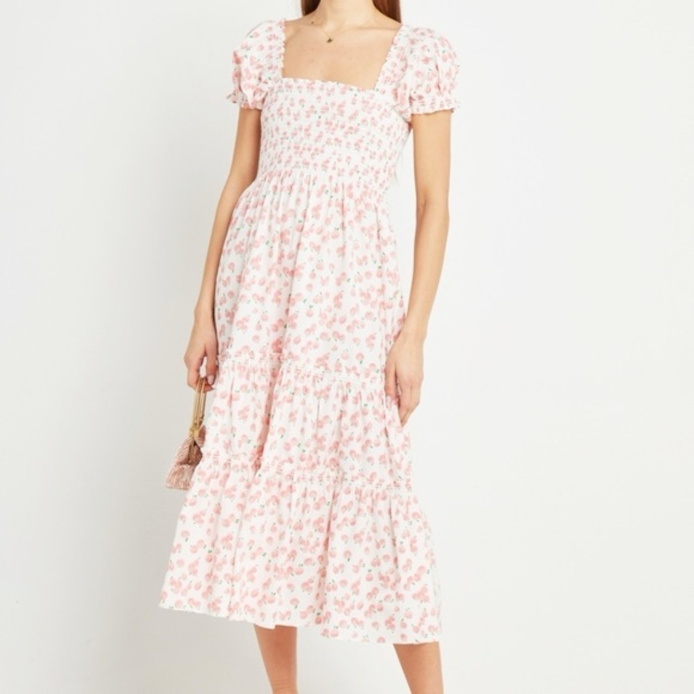 OPT Smocked Daphne Dress Size XL midi tiered floral peach
